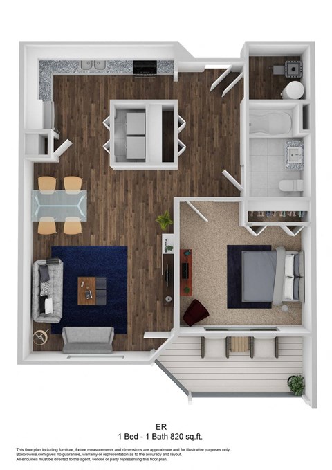 1 Bed - 1 Bath 820. sq. ft. ER floor plan